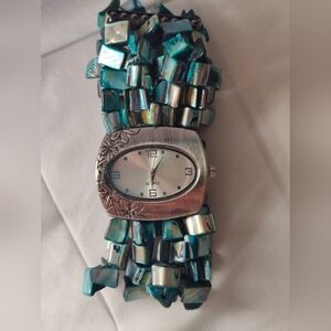 Silver Quartz Watch with Blue Shell Strap